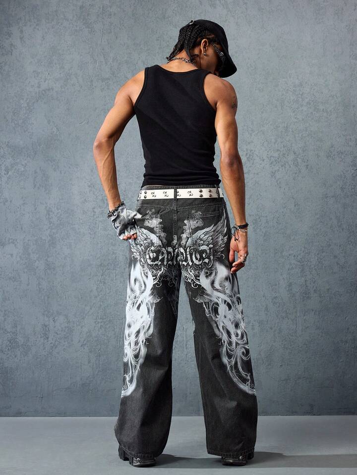 Street Life Men's Letter & Wing Graphic Wide Leg Casual Loose Fit Jeans, Street Fashion 4 Street Life Men's Letter & Wing Graphic Wide Leg Casual Loose Fit Jeans, Street Fashion