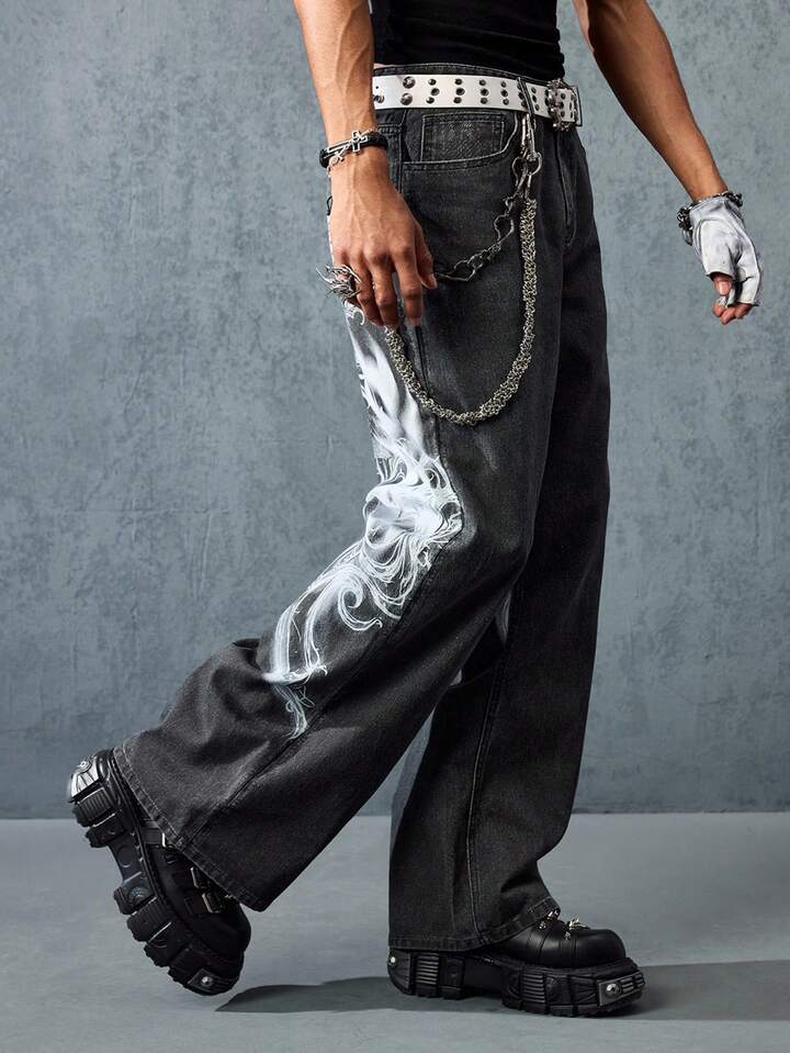 Street Life Men's Letter & Wing Graphic Wide Leg Casual Loose Fit Jeans, Street Fashion 6 Street Life Men's Letter & Wing Graphic Wide Leg Casual Loose Fit Jeans, Street Fashion
