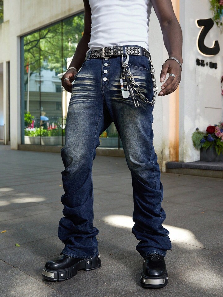 Street Life Men's Heavy-Weight Distressed Layered Washed Denim Jeans