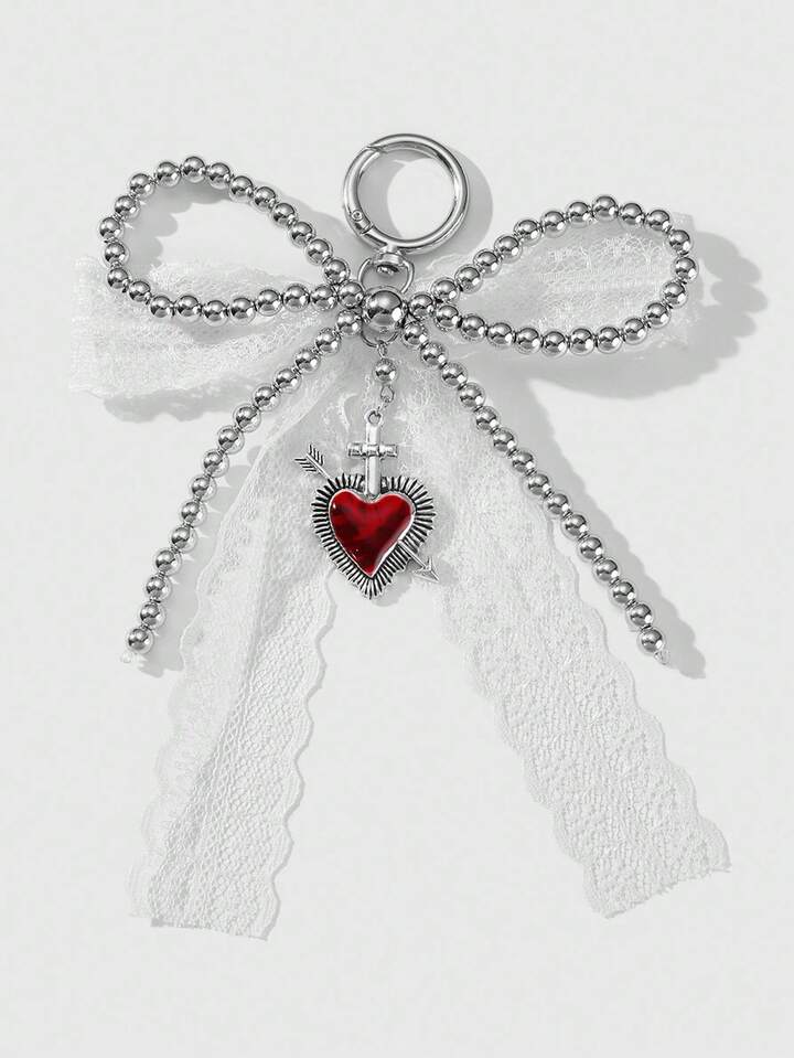 Kawaii 1pc Y2K Chic Retro High-End Handmade Beaded Silver CCB White Lace Bow Red Drip Oil Heart-Piercing Pendant DIY Keychain Bag Charm, Suitable For Women, Daily Wear, Holiday Gift
