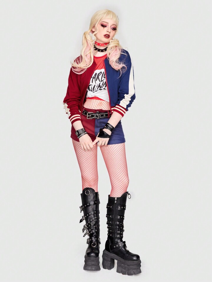 Harley Quinn | ROMWE Colorblock Striped Trim Drop Shoulder Bomber Jacket