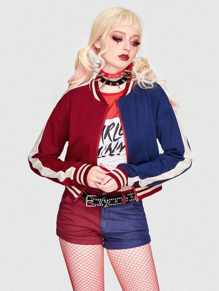 Harley Quinn | ROMWE Colorblock Striped Trim Drop Shoulder Bomber Jacket