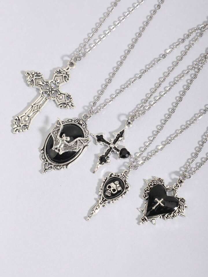 5pcs Vintage Gothic Cross, Sun, Moon, Moth, Skull Necklace Set