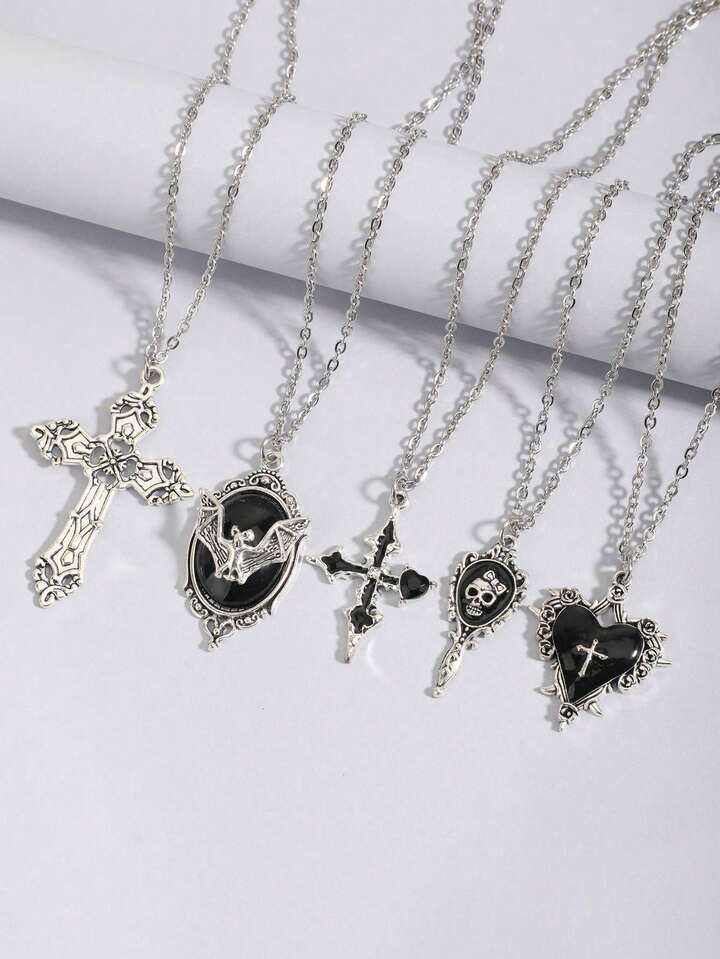 5pcs Vintage Gothic Cross, Sun, Moon, Moth, Skull Necklace Set