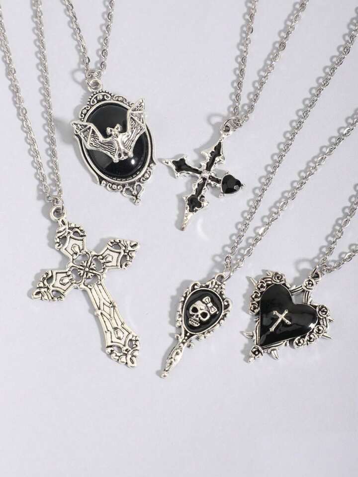 5pcs Vintage Gothic Cross, Sun, Moon, Moth, Skull Necklace Set