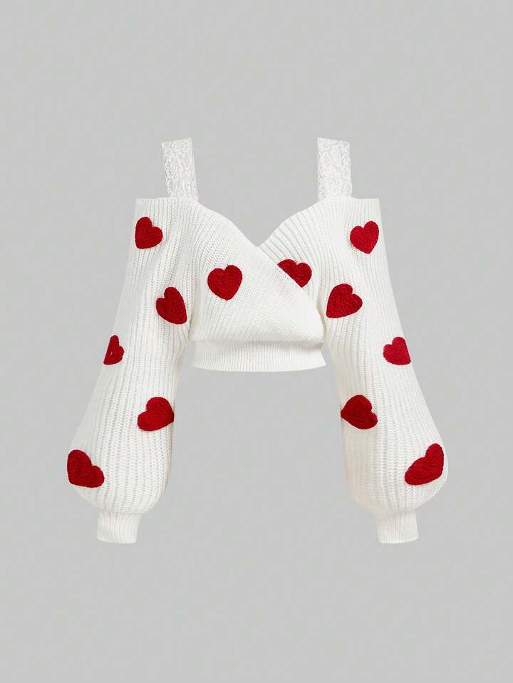 Sweet & Spicy Heart Cutout Shoulder Knit Sweater For Women, Cropped, Autumn/Winter, Trending, Girly, Flattering, White