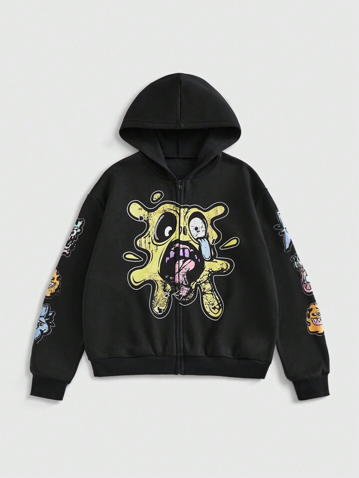 Street Life Women Y2K Streetwear Cartoon Funny Expression Oversized Open Front Hoodie Sweatshirt