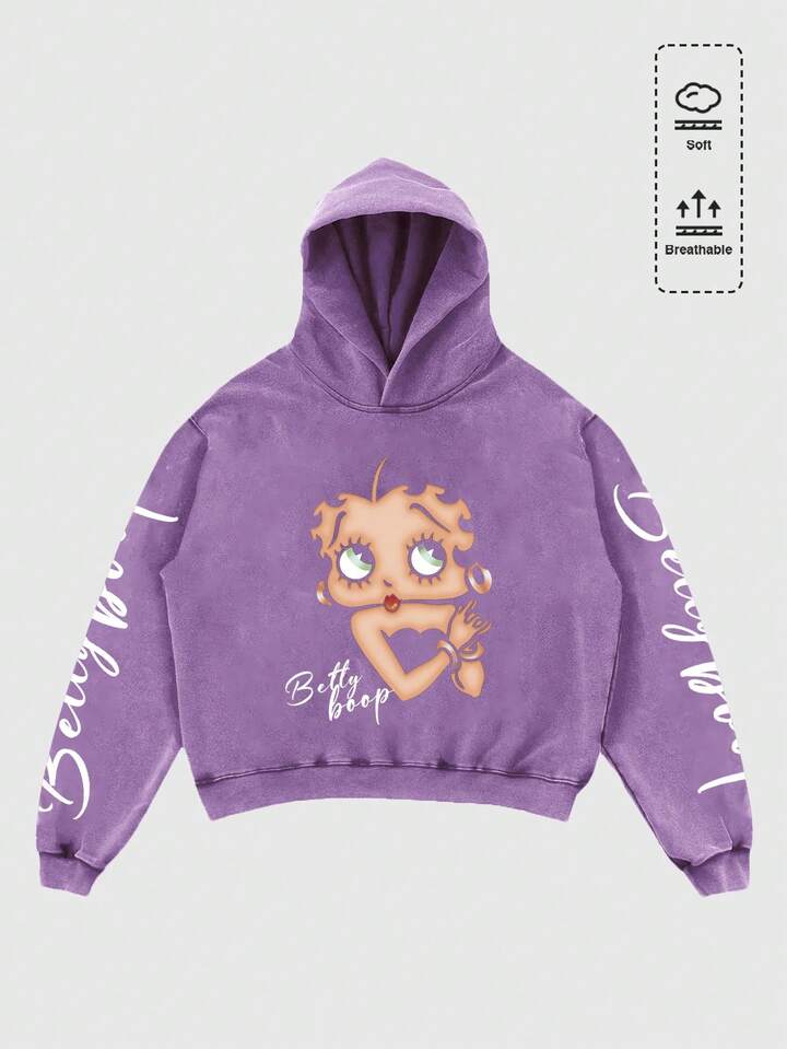 Betty Boop | ROMWE Men's Washed Cartoon Graphic Loose Fit Hoodie, Long Sleeve Top