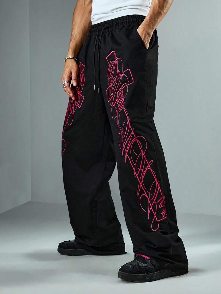 Goth Men's Letter & Cross Embroidery Drawstring Waist Pockets Straight Leg Sweatpants, Dark Style