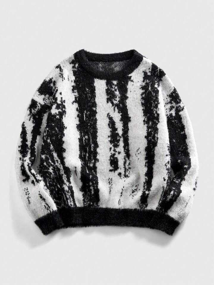 Men's Crew Neck Chinese Ink Painting Style Knitted Sweater, Retro