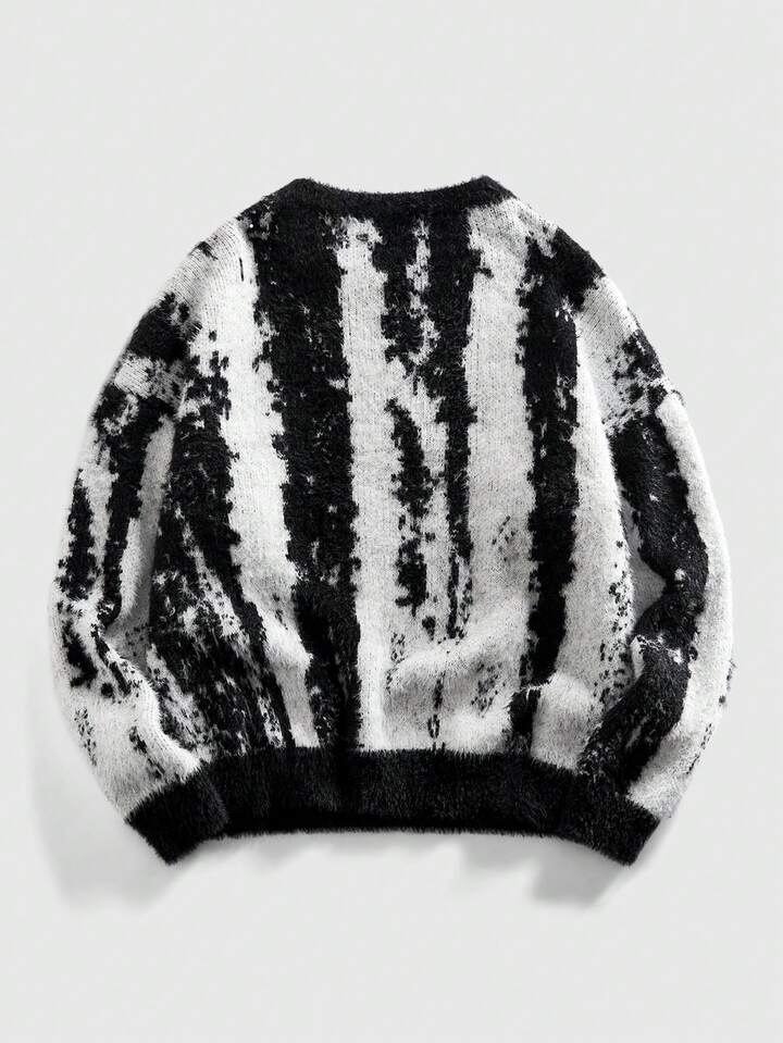 Men's Crew Neck Chinese Ink Painting Style Knitted Sweater, Retro