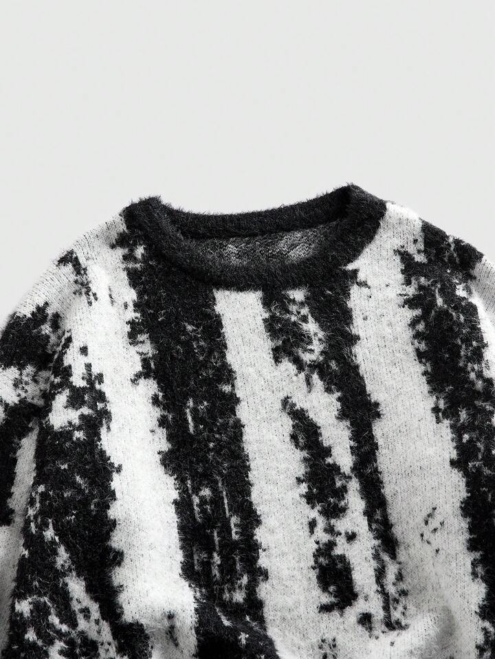 Men's Crew Neck Chinese Ink Painting Style Knitted Sweater, Retro