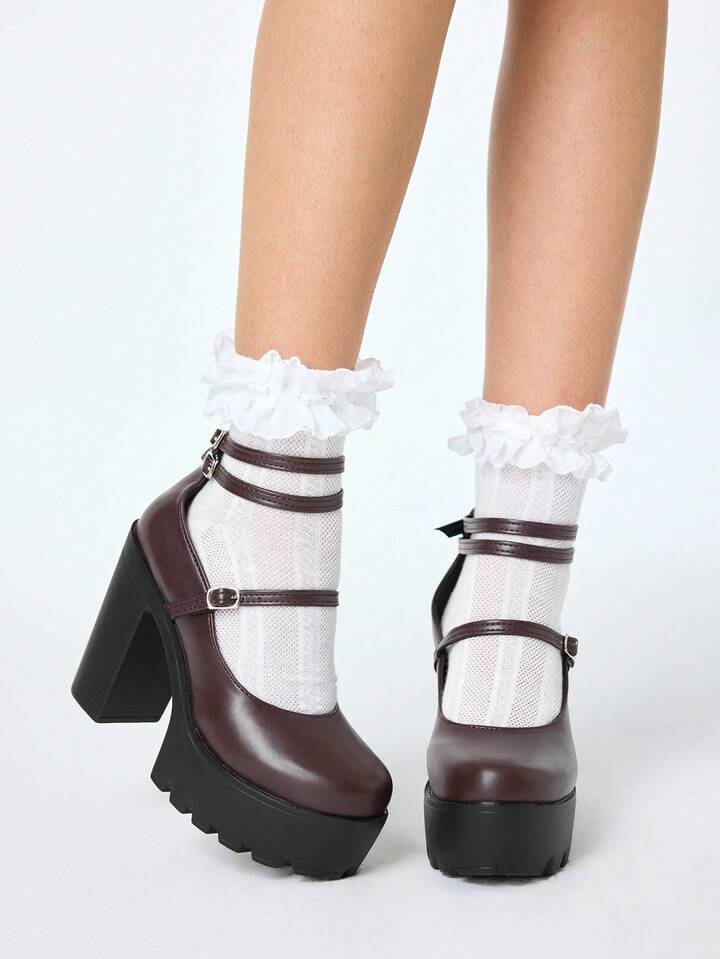 Kawaii Women's Brown Closed Toe Chunky Heel Mary Jane Shoes With Ankle Strap, Waterproof Platform, Multi-Strap, Party Dress Pumps For Christmas