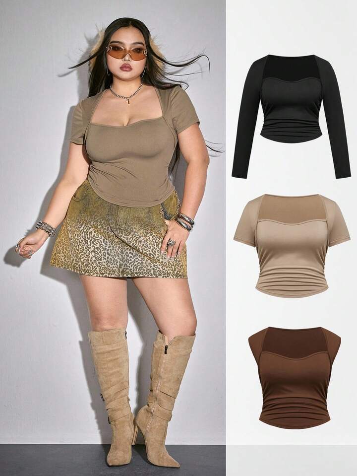 3pcs/Set Plus Size Women V-Neck Adjustable Waist T-Shirts, Long Sleeve, Short Sleeve, Sleeveless, Versatile For Multiple Occasions