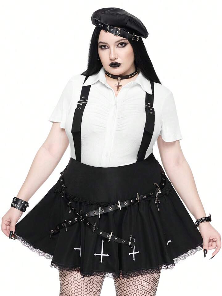 Goth Cross Pendant Design Wide Strap Lace Trim Skirt, Plus Size