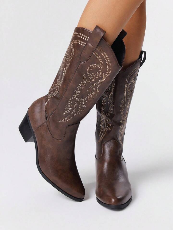 Goth Women's Cowboy Boots, Coffee Brown Color, Fashion Pointed Toe Embroidery Chunky Heel Western Boots, Spring/Autumn New Arrival For Christmas