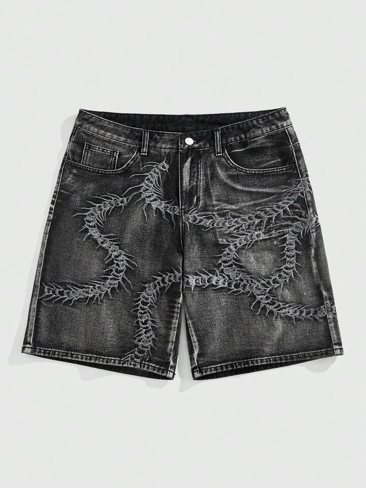 Street Life Men's Centipede Print Baggy Embroidery Denim Shorts