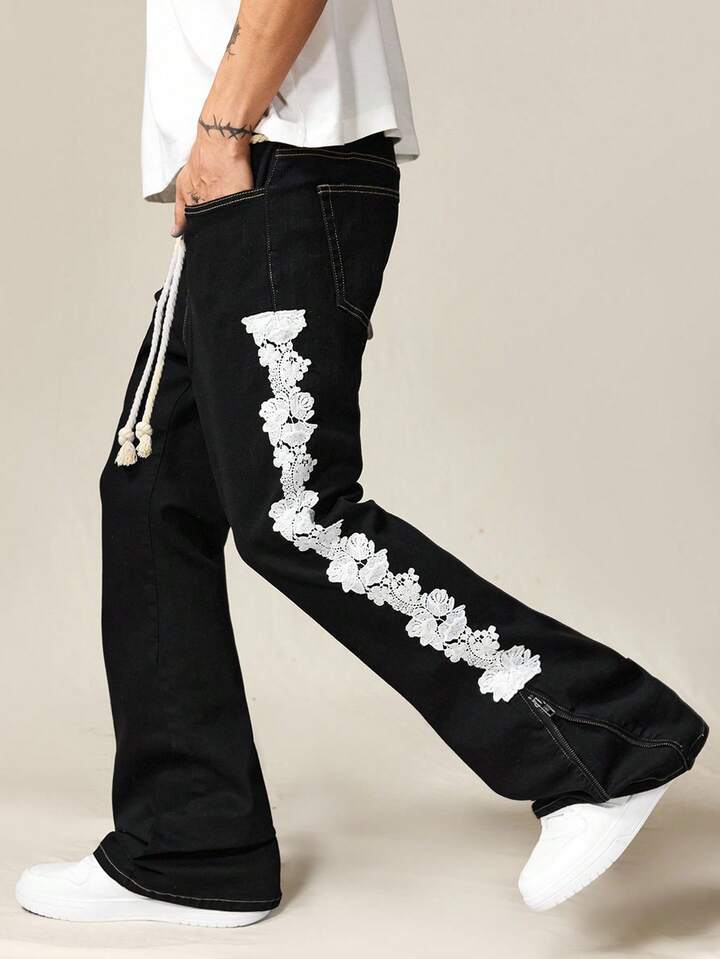 Men's Casual Avant Street Style Drawstring Layered Flare Leg Jeans