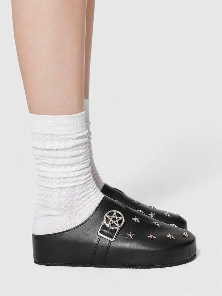 Gothic Cross Strap Star Mules, Hollow-Out Loafers, College Style Platform Mary Jane Shoes, Women's Retro Punk Rock Wedge & Chunky Sole Flats, Halloween