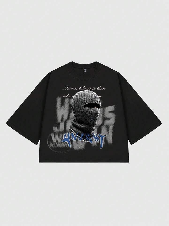 Men's Street Slogan Face Print Round Neck Casual 3/4 Sleeve T-Shirt