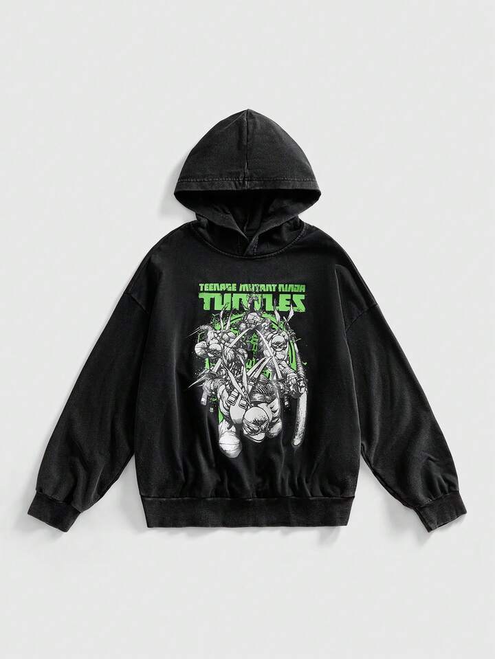 TEENAGE MUTANT NINJA TURTLES X ROMWE Men Fall Casual Turtle & Letter Graphic Hoodie