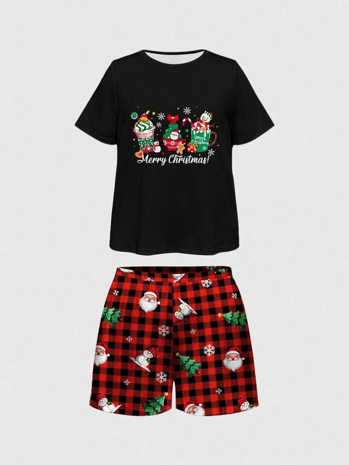 Christmas Cartoon Santa Claus, Christmas Tree, Snowflake Pattern Plaid Shorts, Plus Size All-Over Print Short Sleeve Shorts Pajama Set, Casual Sleepwear