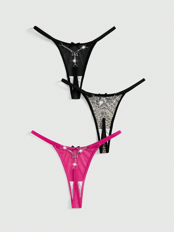 Kawaii 3pcs Y2K Gyaru Butterfly Metal Chain & Leopard Print Contrast Binding G-String Panties Set