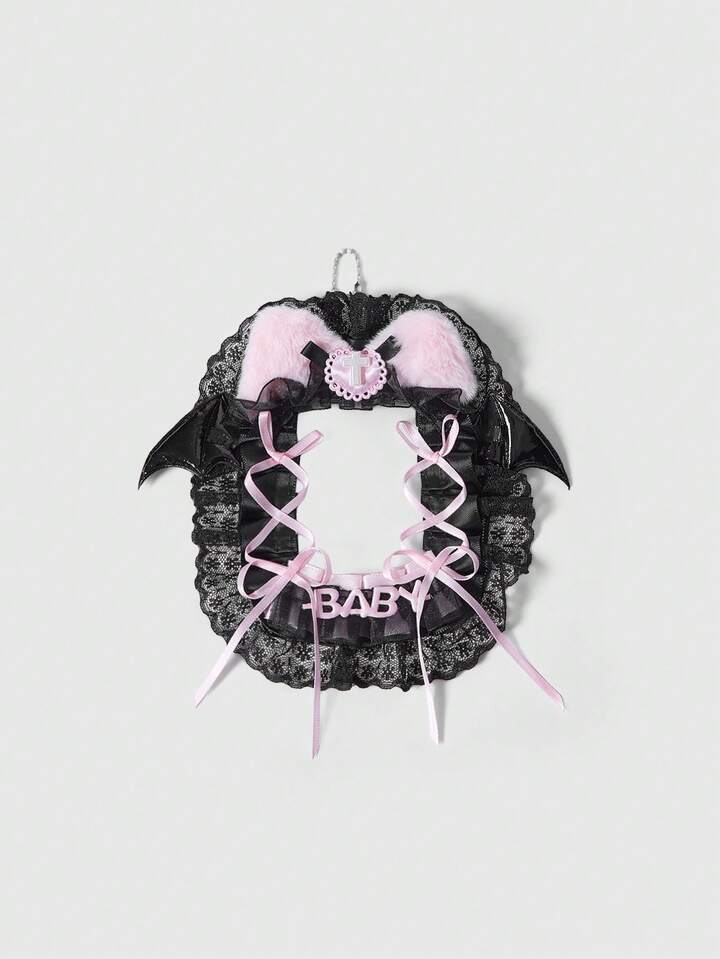 Black Lace Bowknot Letter Cross Contrast Color Cat Ear Bag Charm Card Holder, Casual Fashion Anime Multifunctional For ID Card, Photo