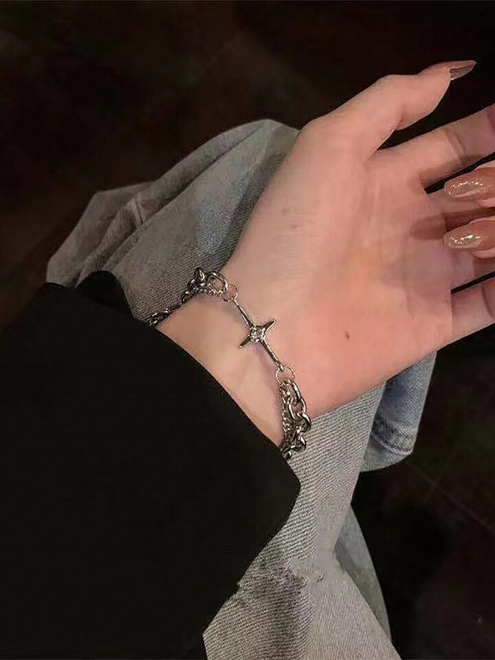Goth 1pc Fashion Iron Alloy Cross Rhinestone Decor Chain Bracelet For Women For Dating Gift