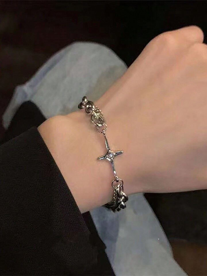 Goth 1pc Fashion Iron Alloy Cross Rhinestone Decor Chain Bracelet For Women For Dating Gift