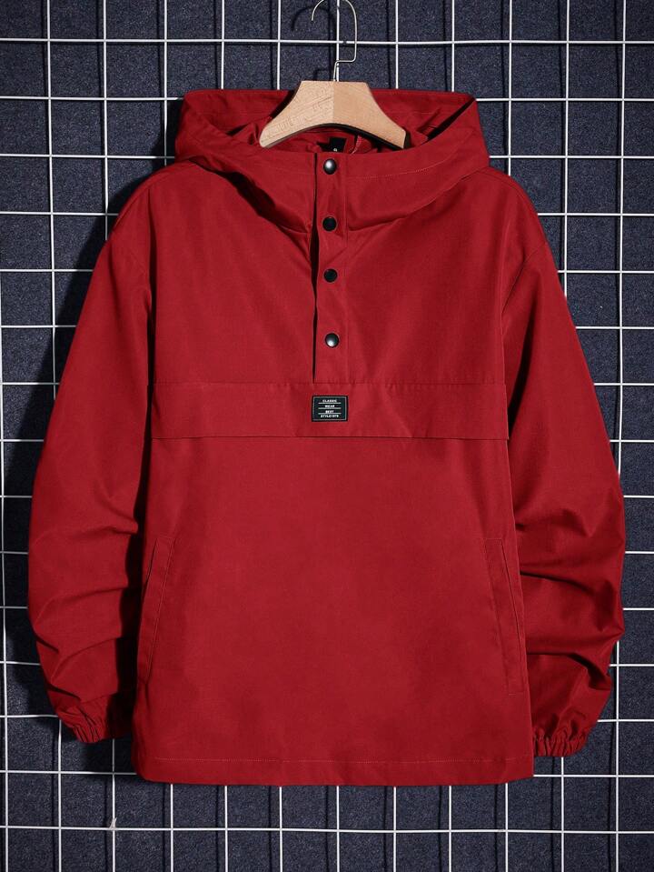 Guys Letter Patched Detail Half Button Hooded Jacket