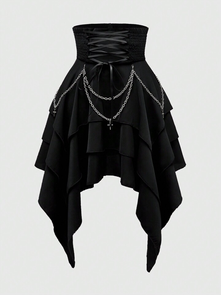 Petite Vintage Gothic High Waist Detachable Metal Chain Super High Waist Lace-Up Cinched Waist Asymmetrical Multilayer Hem Women Skirt