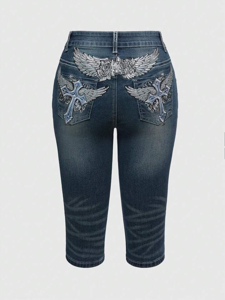 J-Fashion Y2K Vintage Midriff Exposed Cross Wing Embroidery Rhinestone Detail Fitted Flare Capri Jeans For Women