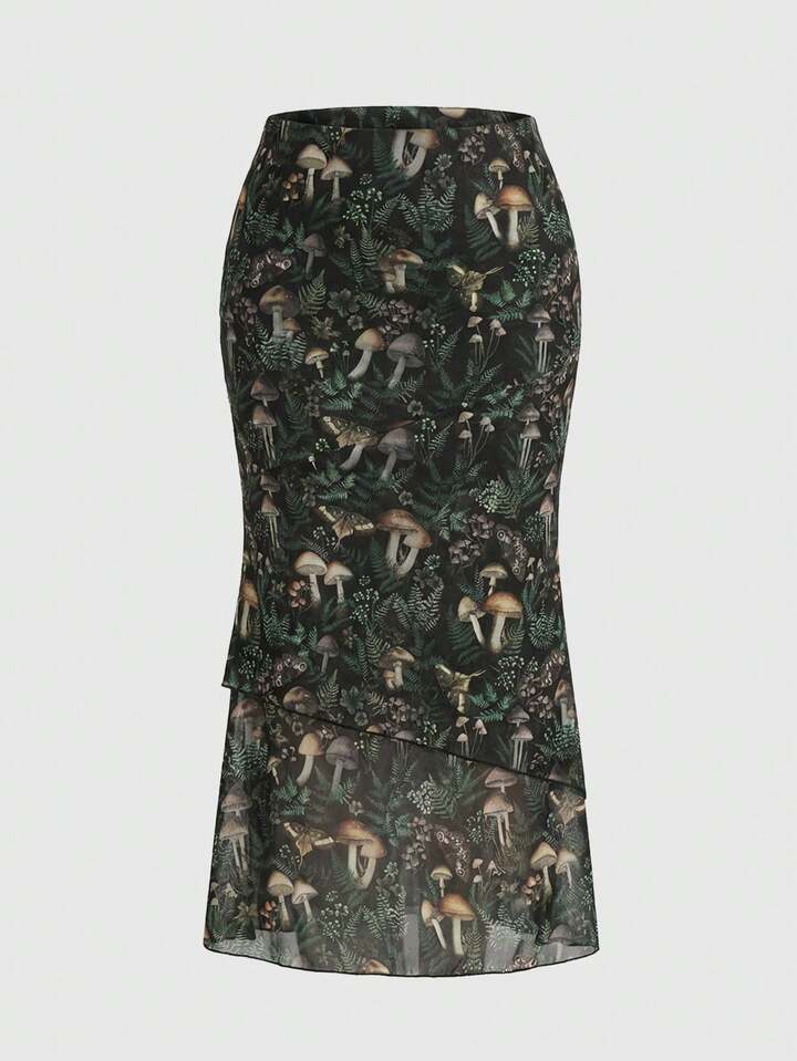 Fairycore Mushroom House Forest Floral Plant Mushroom Print Skirt, Women Elegant Vintage Bodycon Mermaid Skirt Plus Size