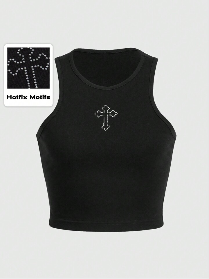 Grunge Punk Cross Pattern Rhinestone Tank Top, School