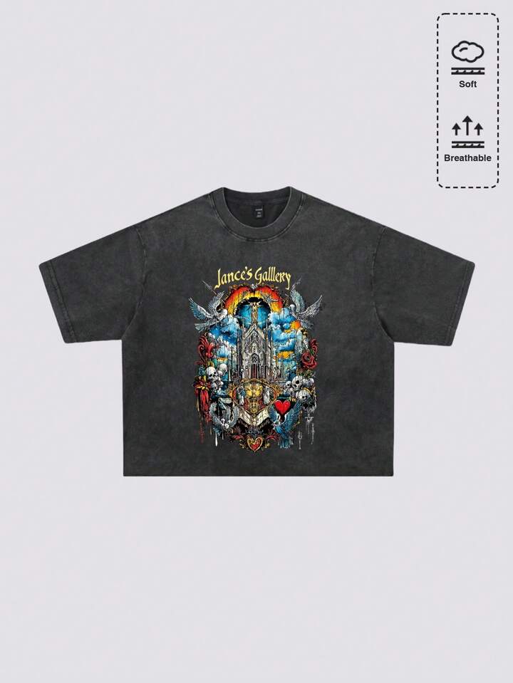 Street Life Men's Religious Washed Drop Shoulder Loose Short Graphic Print T-Shirt
