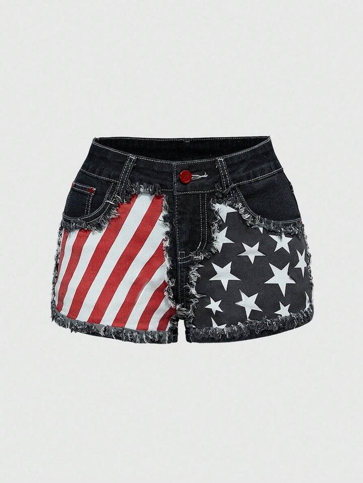ROMWE Avant Plus Size Retro American Flag Print Distressed Denim Shorts