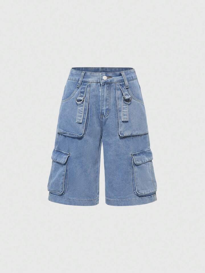 Grunge Punk Solid Color Pocketed Button Fly Casual Capri Length Jeans, Summer