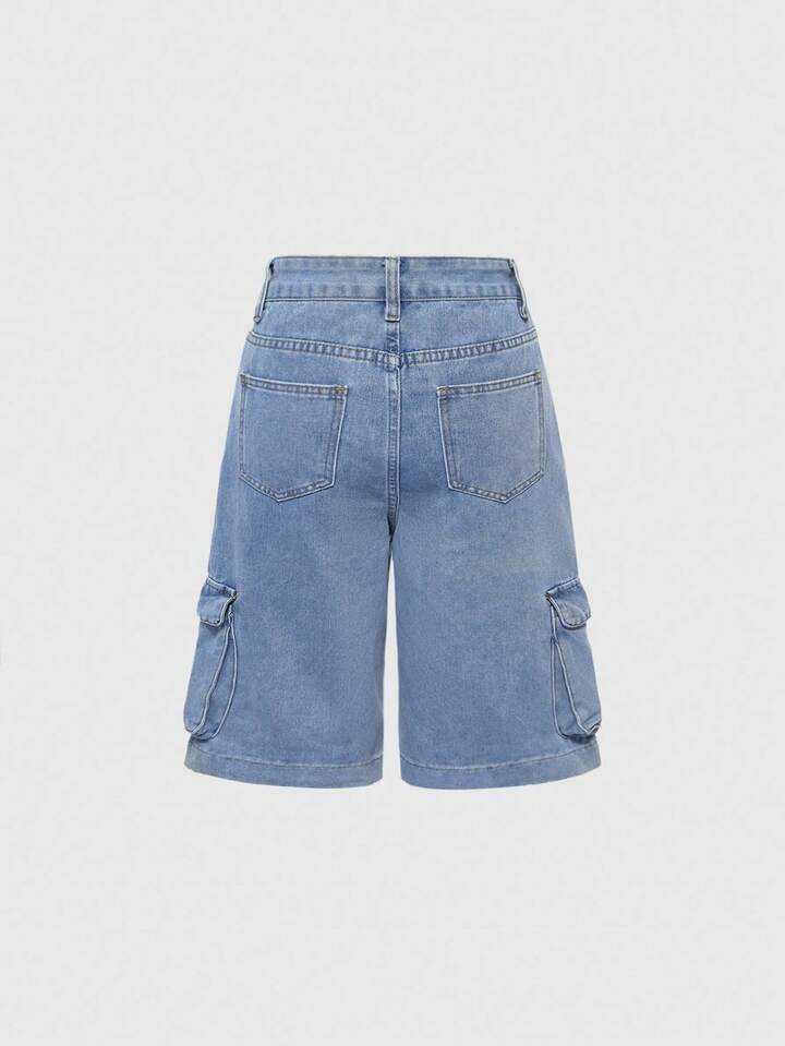 Grunge Punk Solid Color Pocketed Button Fly Casual Capri Length Jeans, Summer 2 Grunge Punk Solid Color Pocketed Button Fly Casual Capri Length Jeans, Summer