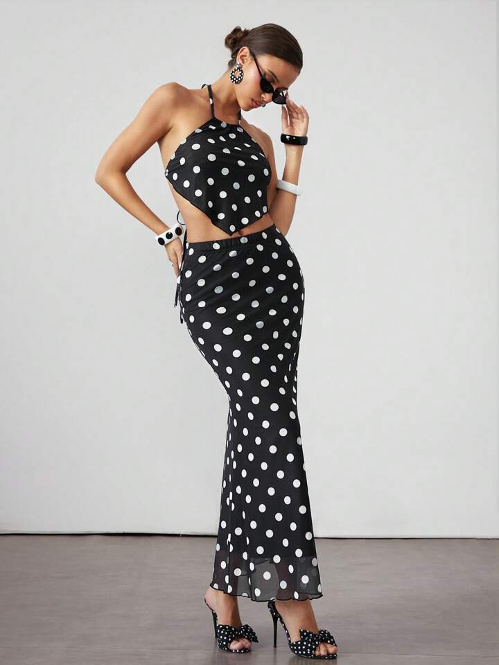 ROMWE Avant 2pcs Set: Vintage Polka Dot Halter Neck Top And Long Polka Dot Fishtail Skirt, Y2K Holiday Style For Women