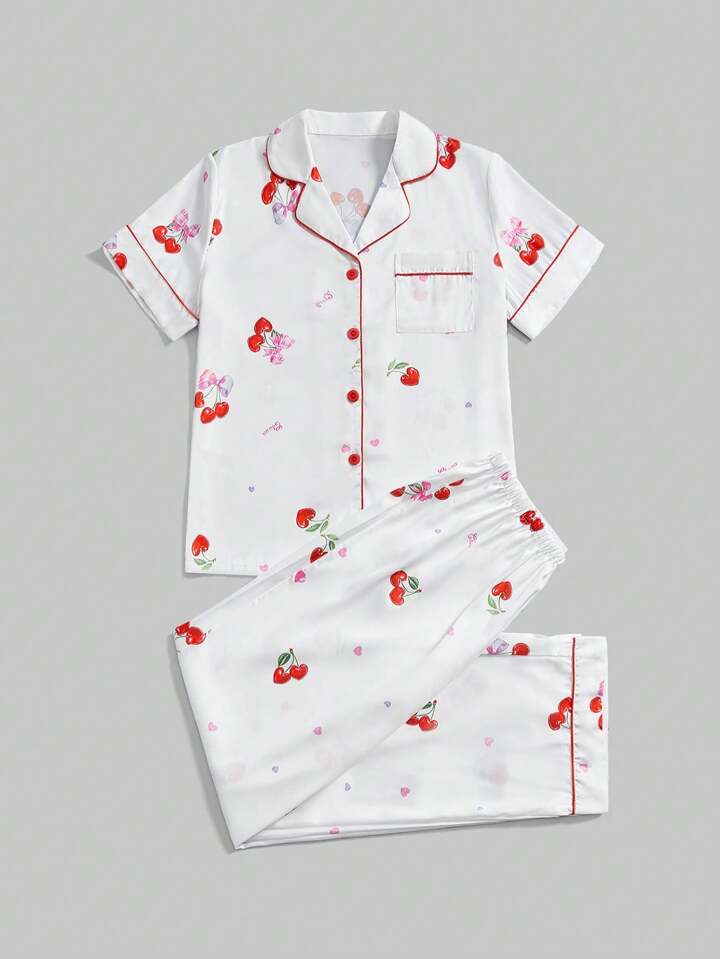 Kawaii Sweet Cherry & Heart Satin Print Collared Short Sleeve & Long Pants Women Casual Pajama Set For Summer