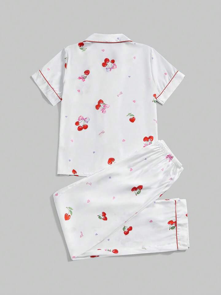 Kawaii Sweet Cherry & Heart Satin Print Collared Short Sleeve & Long Pants Women Casual Pajama Set For Summer 2 Kawaii Sweet Cherry & Heart Satin Print Collared Short Sleeve & Long Pants Women Casual Pajama Set For Summer