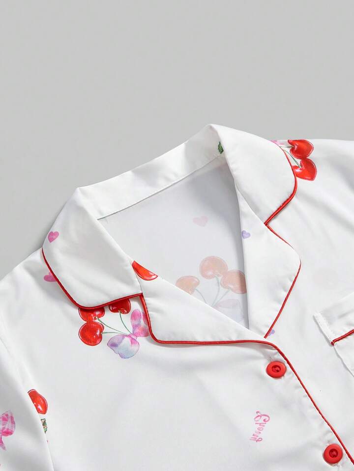 Kawaii Sweet Cherry & Heart Satin Print Collared Short Sleeve & Long Pants Women Casual Pajama Set For Summer 3 Kawaii Sweet Cherry & Heart Satin Print Collared Short Sleeve & Long Pants Women Casual Pajama Set For Summer