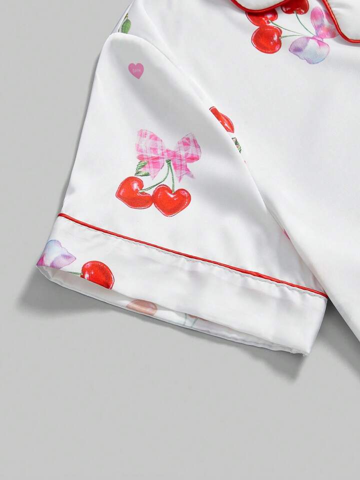 Kawaii Sweet Cherry & Heart Satin Print Collared Short Sleeve & Long Pants Women Casual Pajama Set For Summer 4 Kawaii Sweet Cherry & Heart Satin Print Collared Short Sleeve & Long Pants Women Casual Pajama Set For Summer