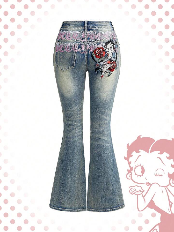 Betty Boop | ROMWE Y2K Retro Distressed Betty Embroidery Tight Super Low Waist Flare Leg Jeans For Women