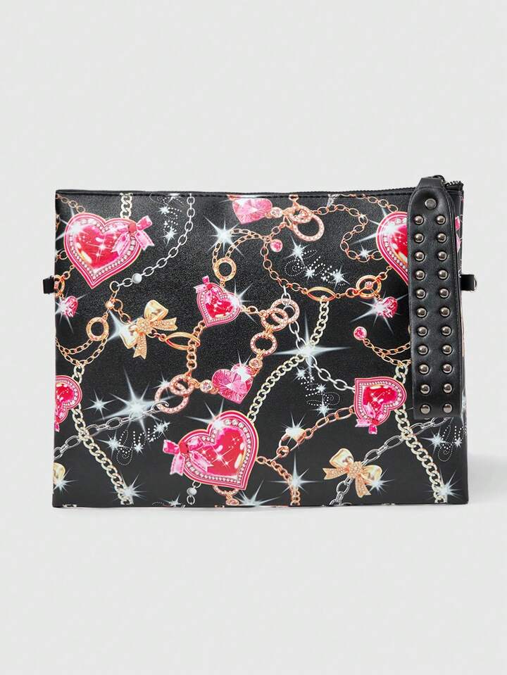 Grunge Punk 1pc Women Heart Diamond Lock Chain Style Rhinestone Embellished Clutch Bag