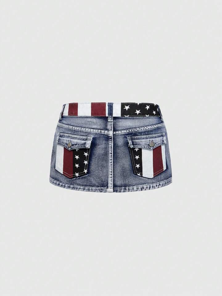 Grunge Punk Independence Day USA Flag Print Sexy Women Mini Denim Skirt
