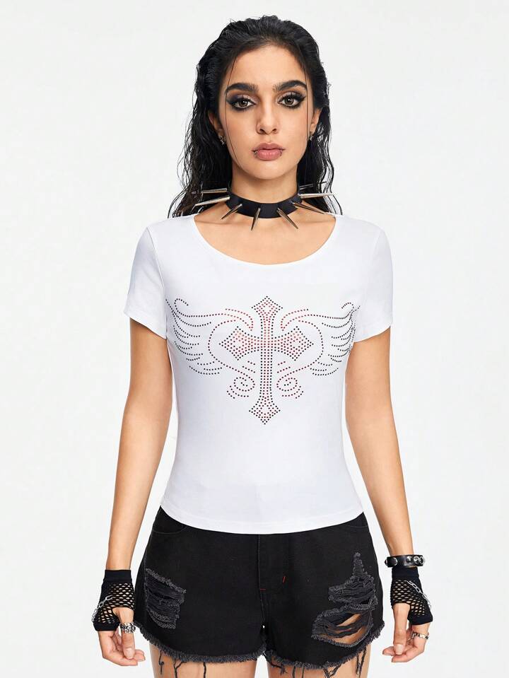 Grunge Punk Casual Low-Cut Collar Slim Fit Elastic Rhinestone Cross & Wing Pattern Women's T-Shirt