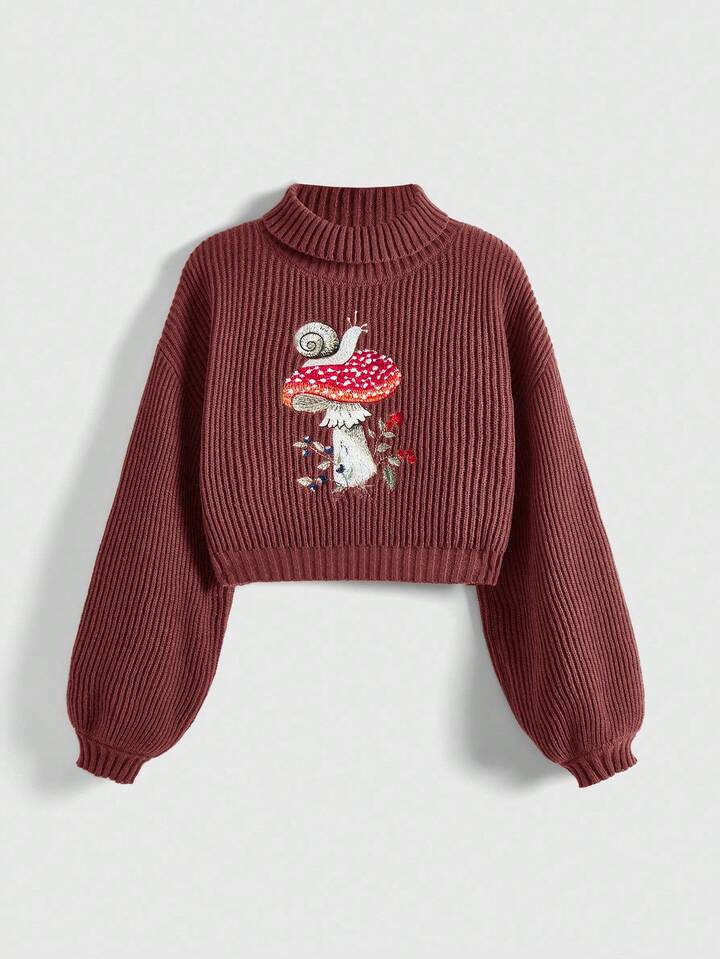 Fairycore Women's Casual Mushroom Embroidery Lantern Sleeve Sweater, Autumn/Winter