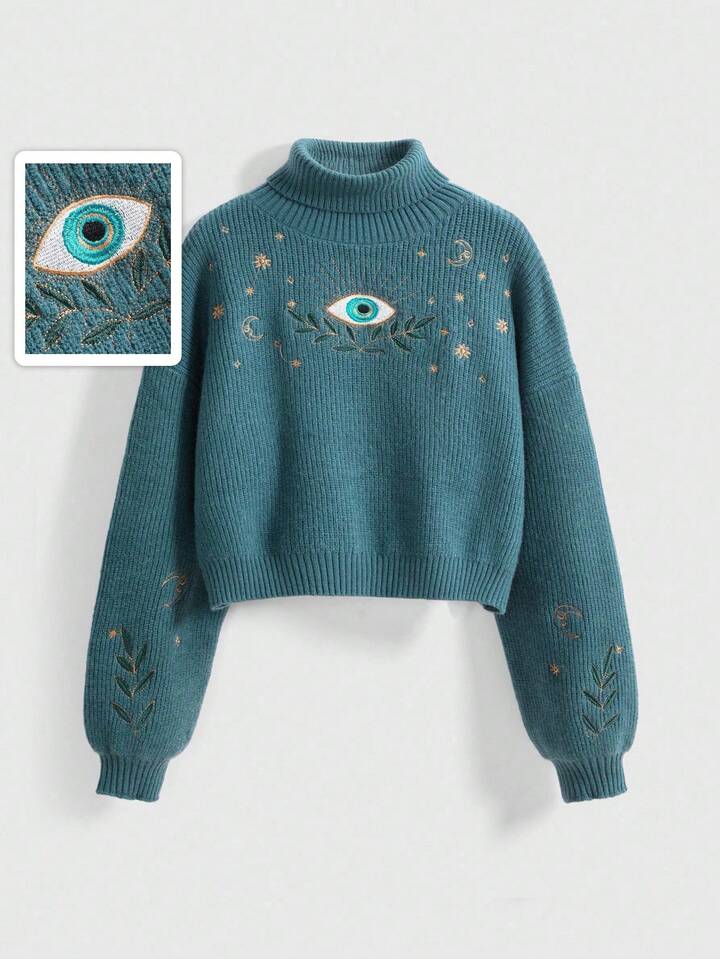 Plus Size Retro Hippie Fortune Teller Eye Embroidered Pattern Turtleneck Pullover Sweater